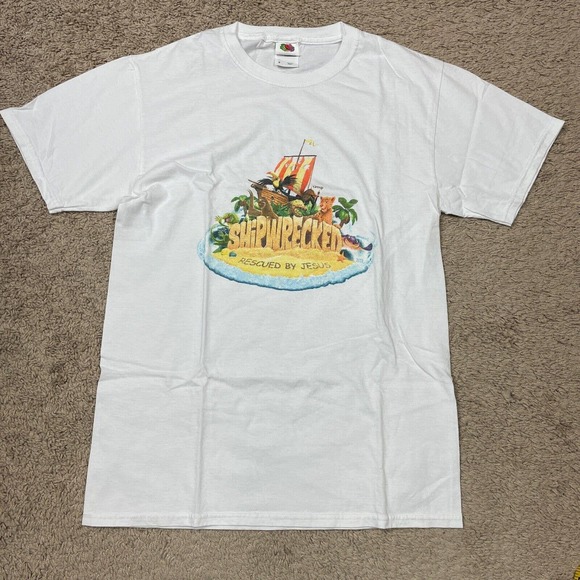 Jesus Tee Mens Small White Shipwrecked Rescued By Jesus Group Bible Church - Picture 1 of 9